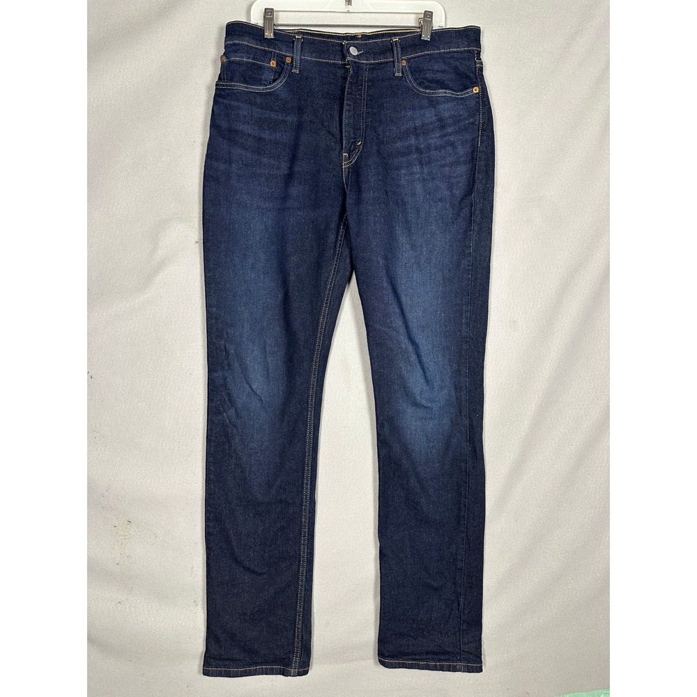 Levis 511 Jeans Men 36x34 Slim Fit Dark Indigo Blue Distressed Stretch Denim EUC